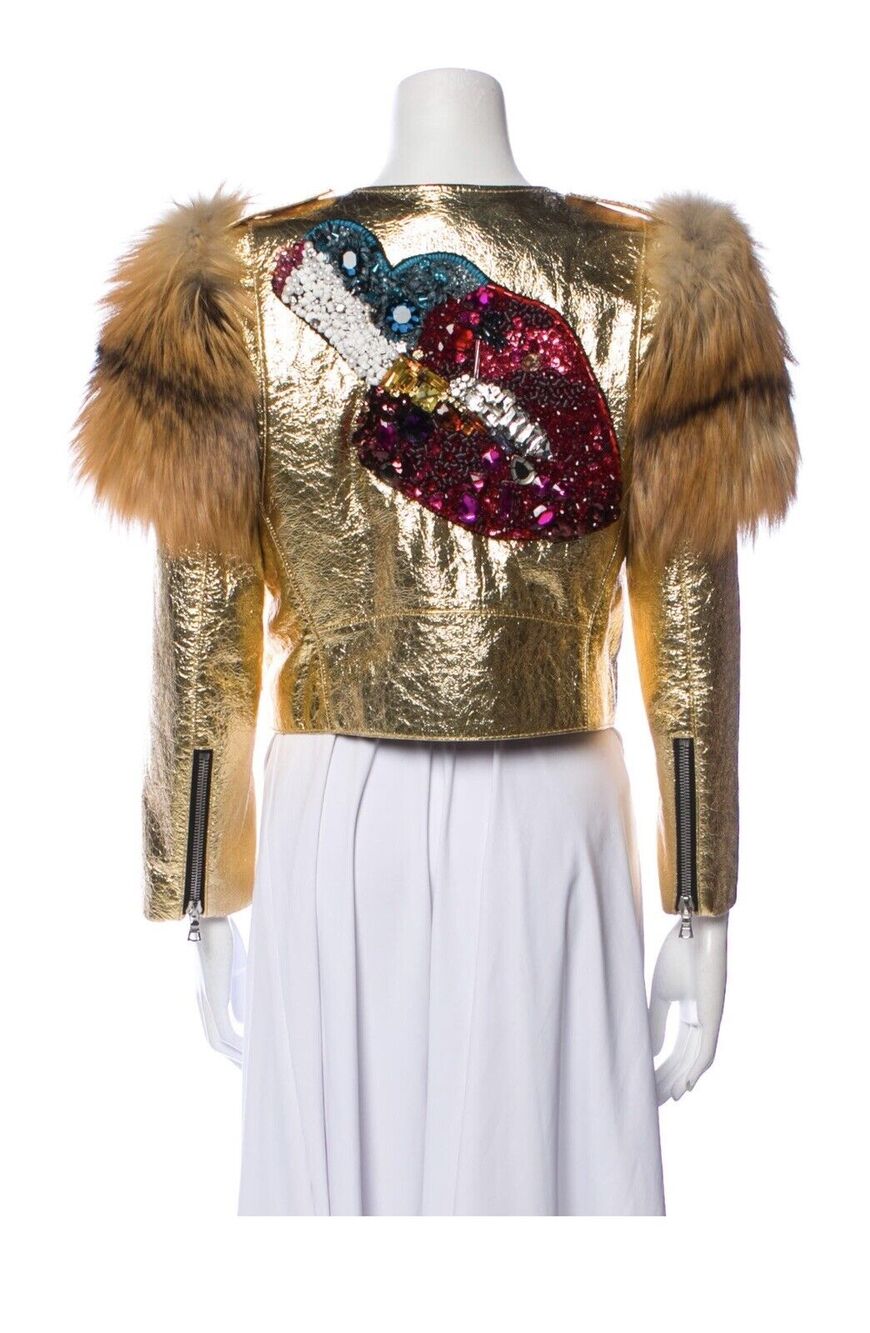 Marc Jacobs Fox Fur Leather Jacket Gold Sequin Lips disco retro M 6
